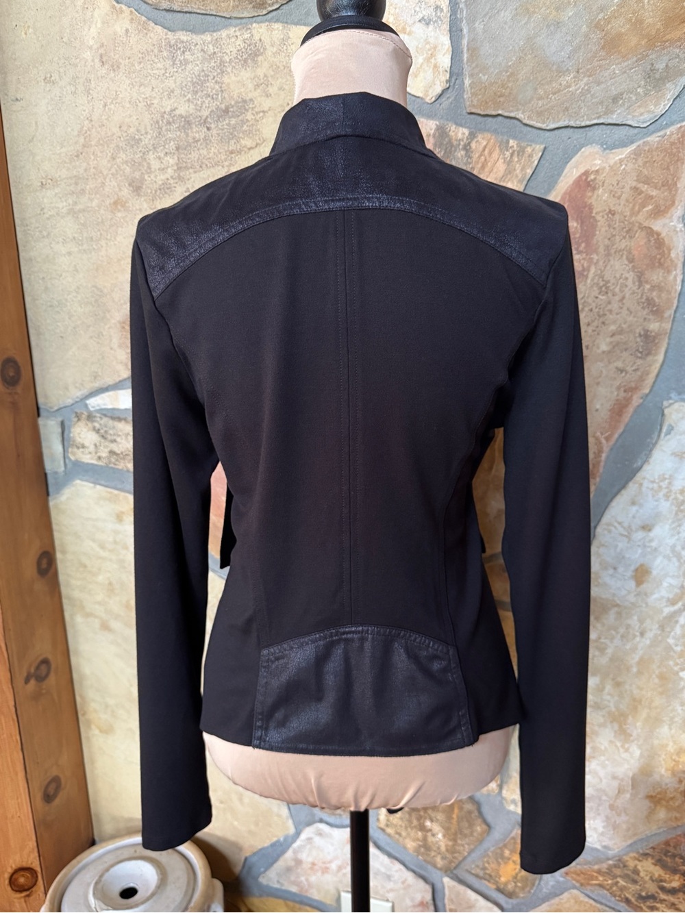 CAbi #527 Black Owens Jacket Waterfall Moto Faux Leather Trim Open Cardigan (L) - Picture 5 of 17